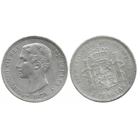 Alfonso XII. 1875*(---75). 5 Pesetas (BC+/MBC-) (Plata) Ceca de Madrid DE-M