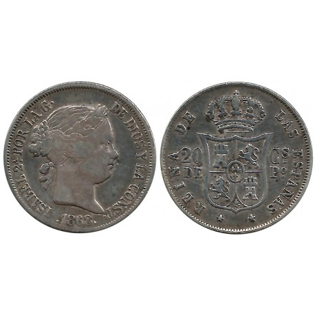 Isabel II. 1868. 20 Centavos (BC/BC+) (Plata) Ceca de Manila