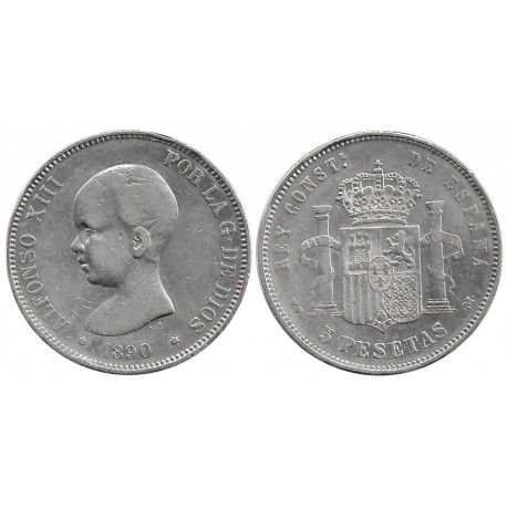 Alfonso XIII. 1890*(---90). 5 Pesetas (BC/BC+) (Plata) Ceca de Madrid MP-M