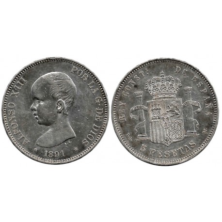 Alfonso XIII. 1891*(18-91). 5 Pesetas (MBC) (Plata) Ceca de Madrid PG-M