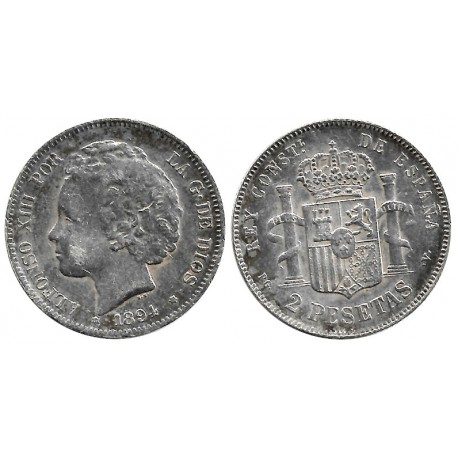 Alfonso XIII. 1894*(1----). 2 Pesetas (BC/BC+) (Plata) Ceca de Madrid PG-V