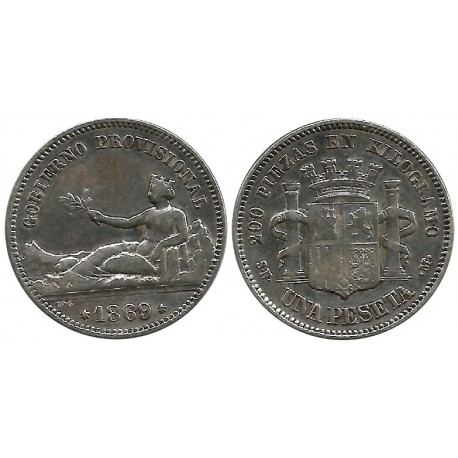 Gobierno Provisional. 1869. 1 Peseta (BC/BC+) (Plata) Ceca de Madrid SN-M