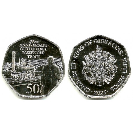 Gibraltar. 2025. 50 Pence (SC) 200 Aniv. Primer Tren con Pasajeros
