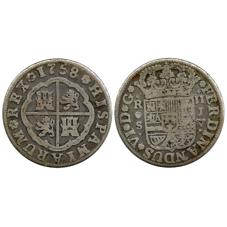 Fernando VI. 1758. 2 Reales (BC+) (Plata) Ceca de Sevilla JV