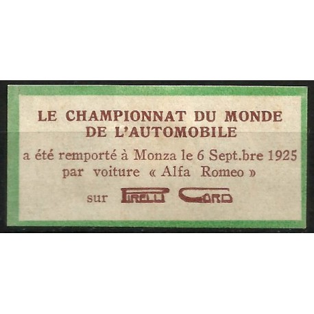 Viñeta Conmemorativa de le Championnat du Monde de l,Automobile en Monza. Año 1925 (Nuevo, con seña de fijasellos)