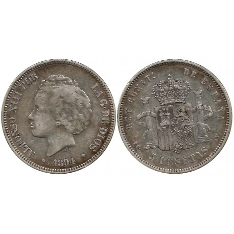 Alfonso XIII. 1894*(18-94). 5 Pesetas (BC) (Plata) Ceca de Madrid PG-V