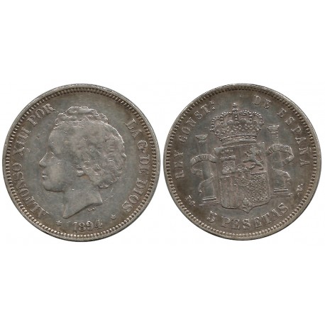 Alfonso XIII. 1894*(18-94)- 5 Pesetas (BC+) (Plata) Ceca de Madrid PG-V