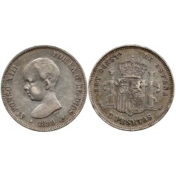 Alfonso XIII. 1889*(-8-89). 5 Pesetas (BC+/BC) (Plata) Ceca de Madrid MP-M