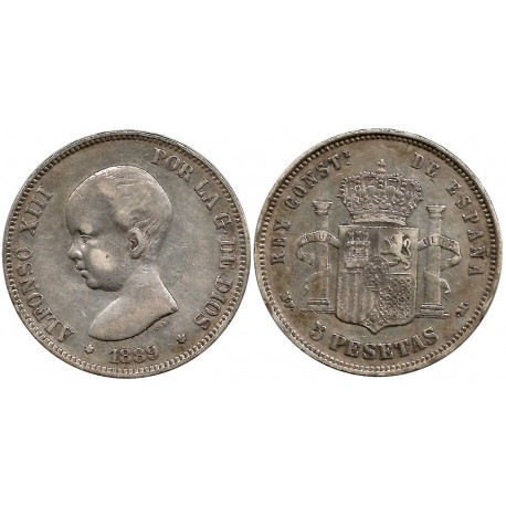 Alfonso XIII. 1889*(-8-89). 5 Pesetas (BC+/BC) (Plata) Ceca de Madrid MP-M
