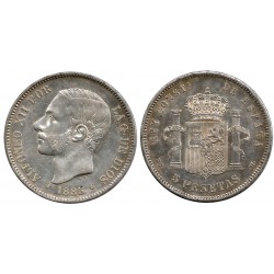 Alfonso XII. 1885*(18-85). 5 Pesetas (MBC) (Plata) Ceca de Madrid MS-M