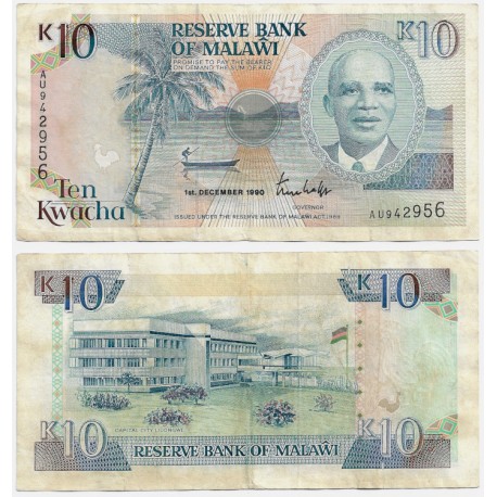 (25a) Malaui. 1990. 10 Kwacha (MBC+) Leve rotura margen inferior