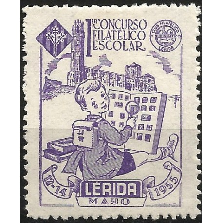 Viñeta Conm. 1er Concurso Filatélico Escolar. Lérida. Año 1955 (Nuevo, con señal de fijasellos)