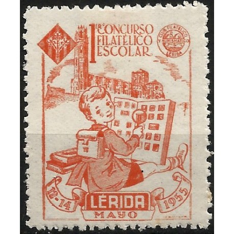Viñeta Conm. 1er Concurso Filatélico Escolar. Lérida. Año 1955 (Nuevo, con señal de fijasellos)