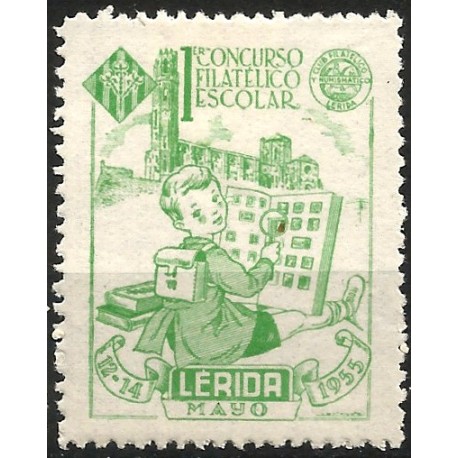 Viñeta Conm. 1er Concurso Filatélico Escolar. Lérida. Año 1955 (Nuevo, con señal de fijasellos)