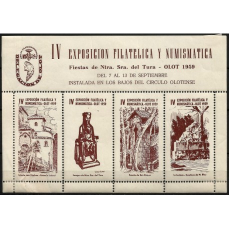 Viñetas Conm. IV Exposición Filatélica y Numismática. Olot. Año 1959 (Nuevo, con señal de fijasellos)
