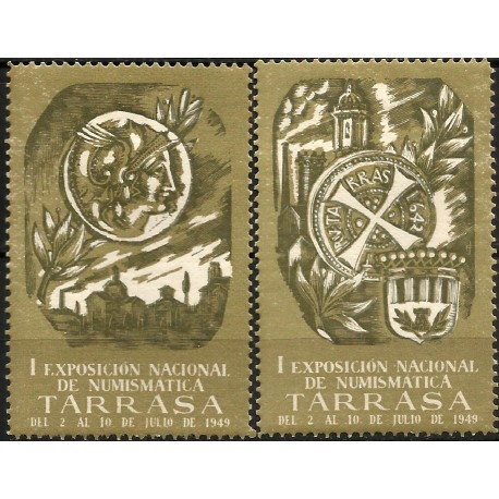 Viñetas Conm. I Exposición Nacional de Numismática. Terrassa. Año 1949 (Nuevo, con señal de fijasellos)