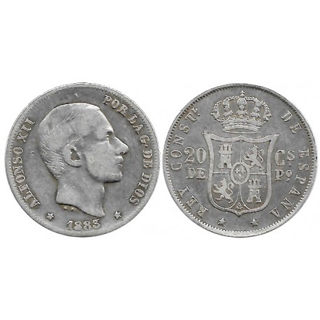 Alfonso XII. 1883. 20 Centavos de Peso (BC+) (Plata) Ceca de Manila, Defecto de Acuñación