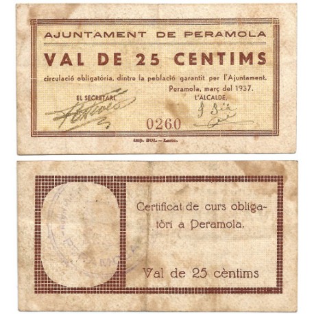 Peramola. 1937. 25 Céntimos (BC/BC+)