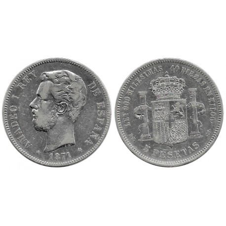 Amadeo I. 1871*(18-75). 5 Pesetas (BC) (Plata) Ceca de Madrid DE-M, Golpe