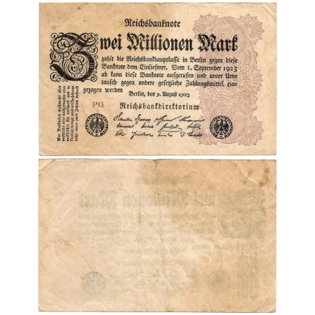 (104c) Imperio Alemán (Weimar). 1923. 2 Million Mark (BC+)