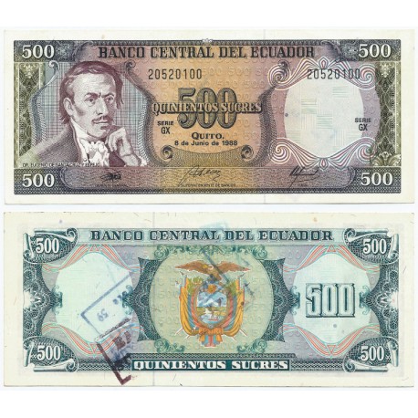 (124Aa) Ecuador. 1988. 500 Sucres (SC-) Manchas de Tinta por Tampón