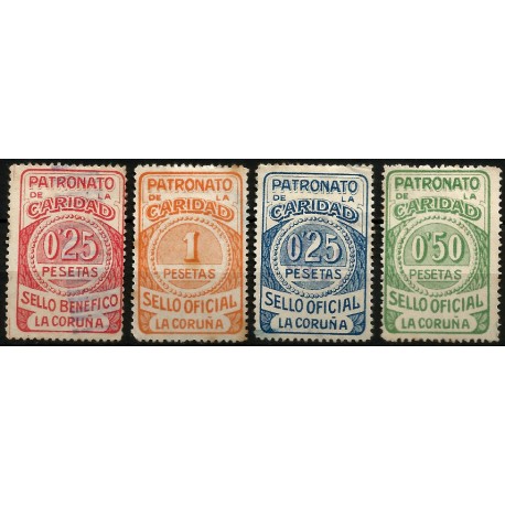 Patronato de la Caridad. Sello Benéfico. La Coruña. Serie de 4 Valores (Usados)