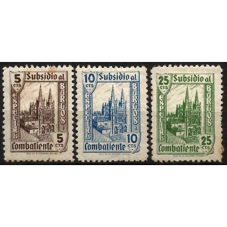 Viñetas Políticas. Subsidio al Combatiente. Burgos. 5, 10  25 Céntimos (Nuevo, con señal de fijasellos y manchas de óxido)