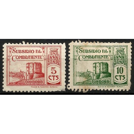 Viñetas Políticas. Subsidio al Combatiente. Córdoba. 5 y 10 Céntimos (Nuevo, con señal de fijasellos y leves manchas de óxido)