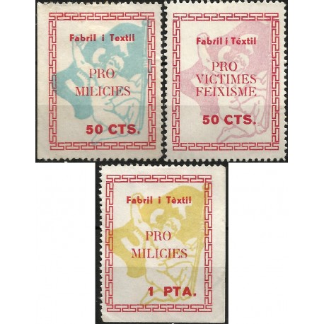 Viñetas Políticas. Fabril i Textil. Pro Milicias y Victimas del Fascismo. Series de 3 Valores (Nuevos, sin goma)