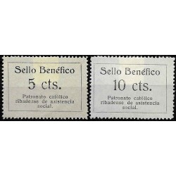 Sello Benéfico. Patronato Católico Ribadense de Asistencia Social. 5 y 10 Céntimos (Nuevos, con señal de fijasellos y sin goma)