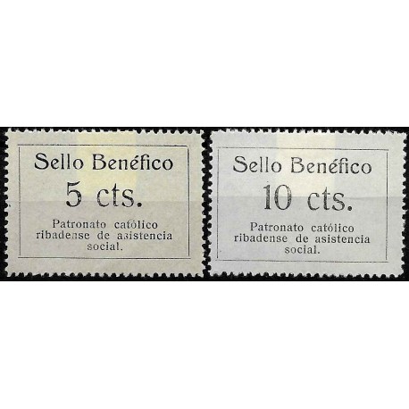 Sello Benéfico. Patronato Católico Ribadense de Asistencia Social. 5 y 10 Céntimos (Nuevos, con señal de fijasellos y sin goma)