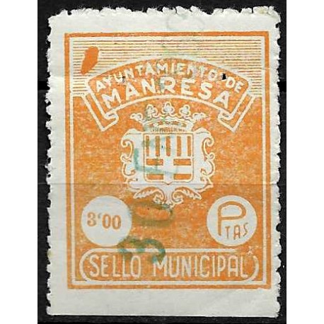 Viñeta. Ayuntamiento de Manresa. Sello Municipal. 3 Pesetas (Nuevo, con señal de fijasellos)