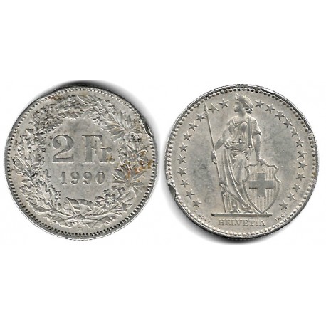 (21.a.3) Suiza. 1990B. 2 Francs (BC) Dañada