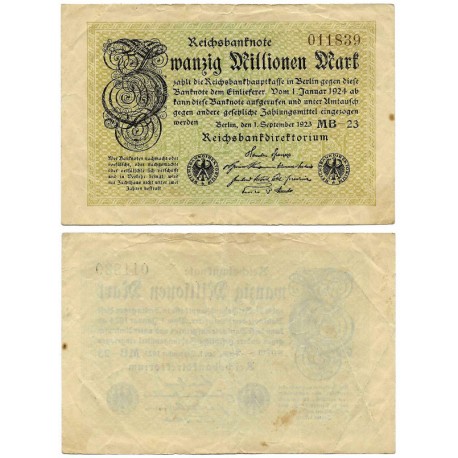 (108e) Imperio Alemán (Weimar). 1923. 20 Million Mark (MBC-)