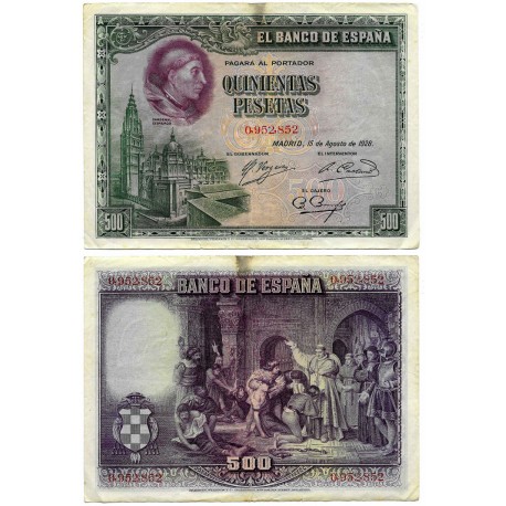 España. 1928. 500 Pesetas (MBC-) Sin Serie, Manchas y leve rotura en margen inferior
