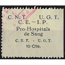 Viñeta Política. CNT. UGT. CE. IP. Pro Hospitales de Sangre. 10 Céntimos (Nuevo, con señal de fijasellos)