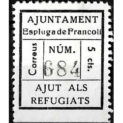 Viñeta. Espluga de Francolí. Ayuda a los Refugiados. 5 Céntimos (Nuevo, con señal de fijasellos)