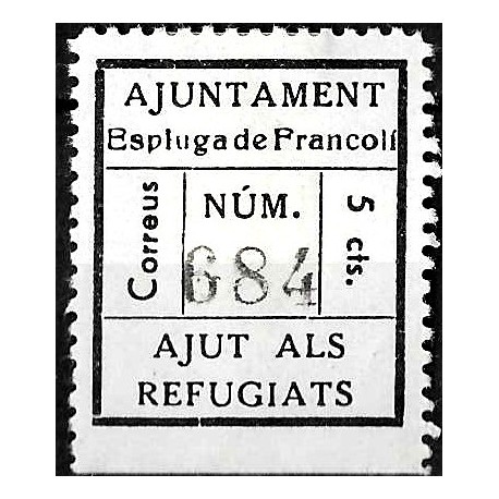 Viñeta. Espluga de Francolí. Ayuda a los Refugiados. 5 Céntimos (Nuevo, con señal de fijasellos)