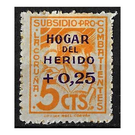 Viñeta. Subsidio Pro Combatiente. La Coruña. Hogar del Herido. 0,25 Céntimos (Nuevo, con señal de fijasellos)
