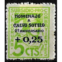 Viñeta. Subsidio Pro Combatiente. La Coruña. Homenaje. 0,25 Céntimos (Nuevo, con señal de fijasellos)