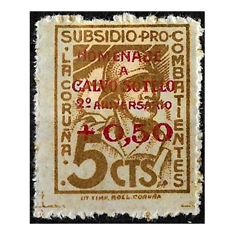 Viñeta. Subsidio Pro Combatiente. La Coruña. Homenaje. 0,50 Céntimos (Nuevo, con señal de fijasellos)