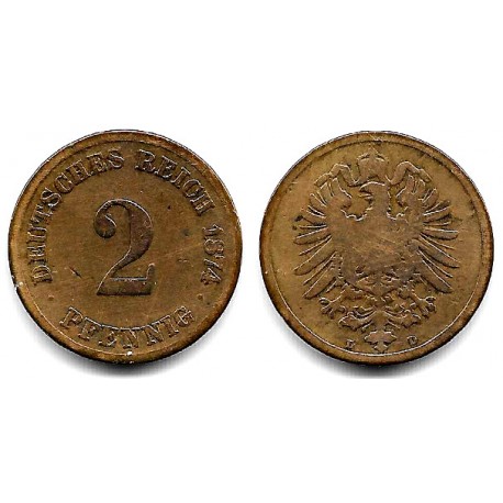 (2) Imperio Alemán. 1874(D). 2 Pfennig (BC+)
