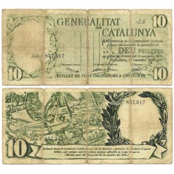 Generalitat de Cataluña. 1936. 10 Pesetas (RC) Roturas en márgenes y escrito