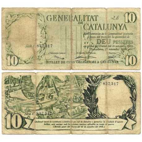 Generalitat de Cataluña. 1936. 10 Pesetas (RC) Roturas en márgenes y escrito