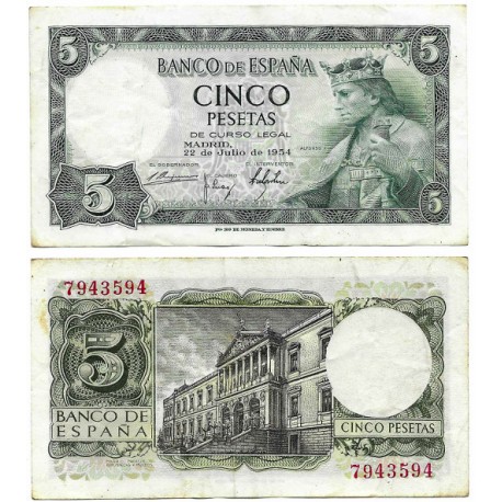 Estado Español. 1954. 5 Pesetas (MBC-) Sin Serie, Leves Manchas