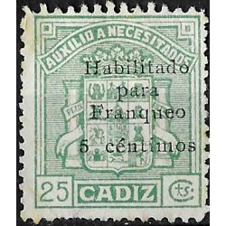 Viñeta. Auxilio a Necesitados. Cádiz. Habilitado 5 Céntimos (Nuevo, sin goma)