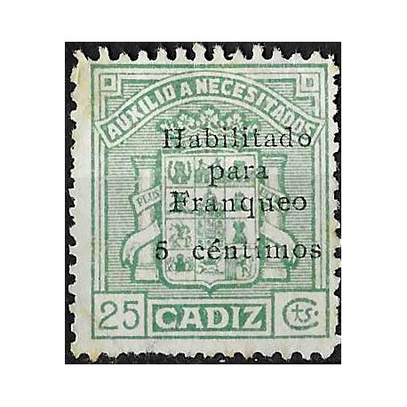 Viñeta. Auxilio a Necesitados. Cádiz. Habilitado 5 Céntimos (Nuevo, sin goma)