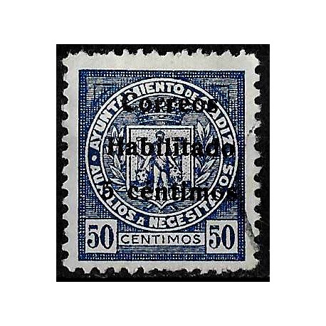 Viñeta. Auxilio a Necesitados. Cádiz. Habilitado 5 Céntimos (Usado)