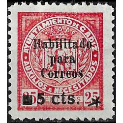 Viñeta. Auxilio a Necesitados. Cádiz. Habilitado 5 Céntimos (Nuevo, con señal de fijasellos)