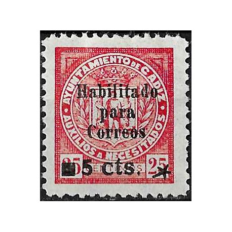 Viñeta. Auxilio a Necesitados. Cádiz. Habilitado 5 Céntimos (Nuevo, con señal de fijasellos)